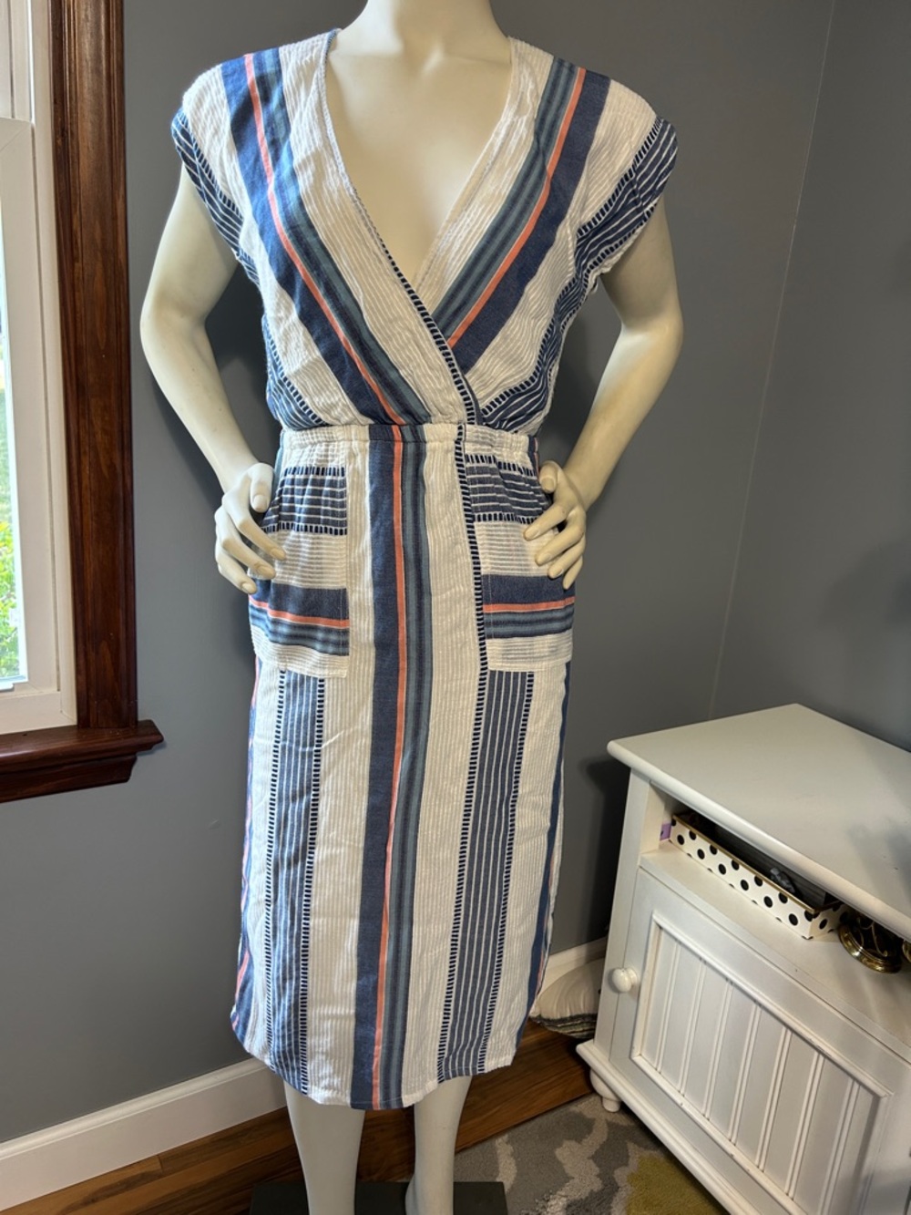 THML Striped V Front/Back Dress with Pom-Pom Accent and Pockets